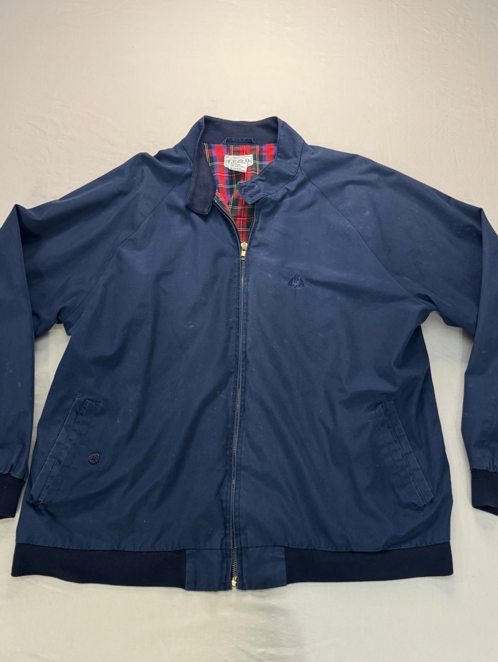 Vintage IZOD Harrington Jacket Mens XL Navy Blue Tartan Plaid Lined 90s Bomber
